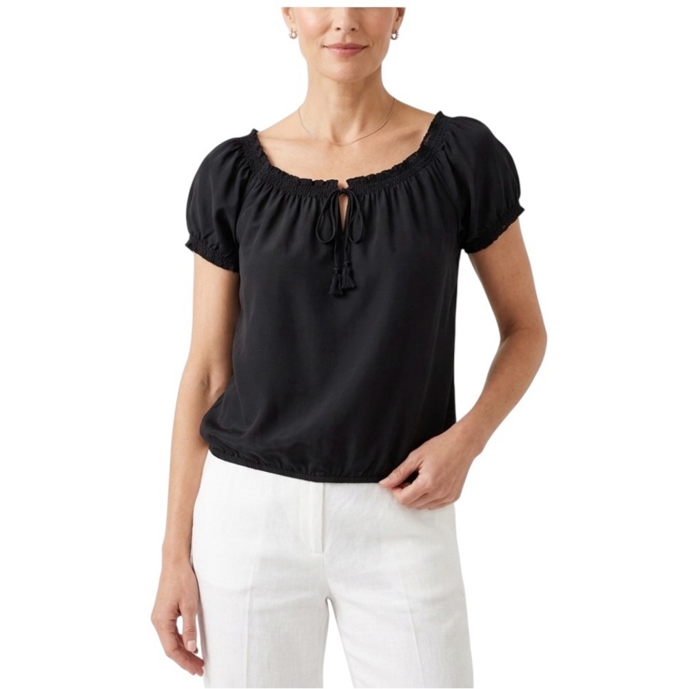 Ya da Smocked Peasant Blouse Sz S Black Puff Sleeve Boho Silk Blend Romantic Top
